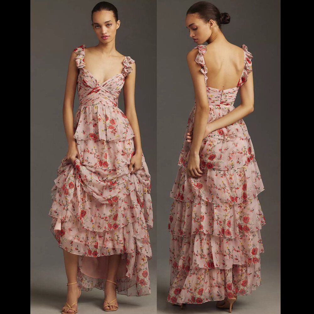 Mac Duggal 55816 Size 14 Pink Ruffled Sleeveless Tiered Floral‎ Maxi Dress Gown